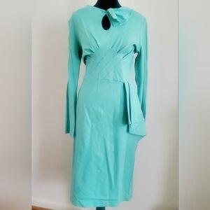 Long-Sleeve Aqua Tie-Waist Midi Dress